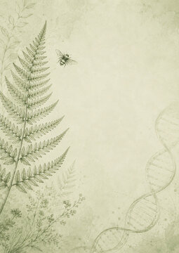A bee gracefully flies upwards across a pale green, aged paper background, interwoven with a stylized double helix DNA strand. Biology notebook cover