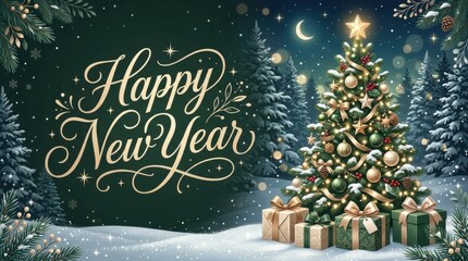 Naklejka premium Happy New Year greeting with decorated Christmas tree and gifts in snowy forest
