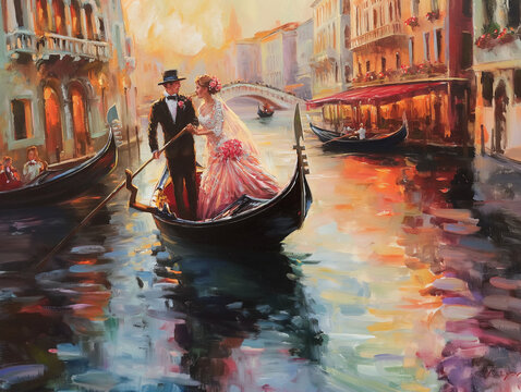 Oil painting of a couple on a gondola ride in Venice