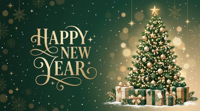 Happy New Year celebration with decorated Christmas tree and gifts