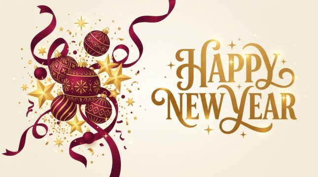 Elegant golden text Happy New Year with festive ornaments and ribbons