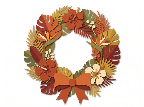 Layered papercut tropical wreath with hibiscus bird of paradise monstera leaves and orange bow on white background