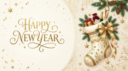 Naklejka premium Elegant Happy New Year greeting with festive stocking and gifts