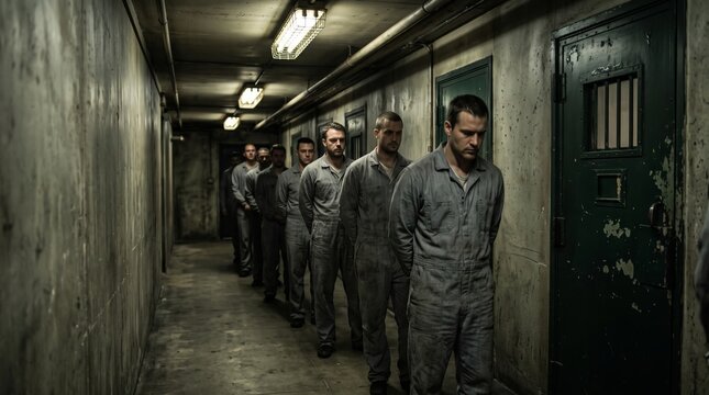 Group of young adult men in grey jumpsuits standing in a line inside a dimly lit prison corridor for a headcount