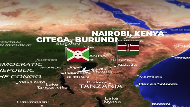 Flight From Nairobi KENYA to Gitega BURUNDI with flag pins