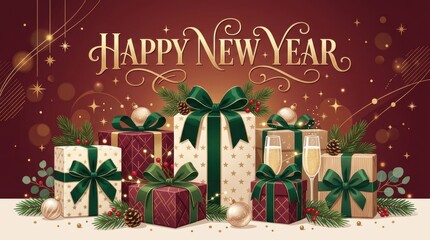 Naklejka premium Happy New Year celebration with gifts and champagne, festive holiday background