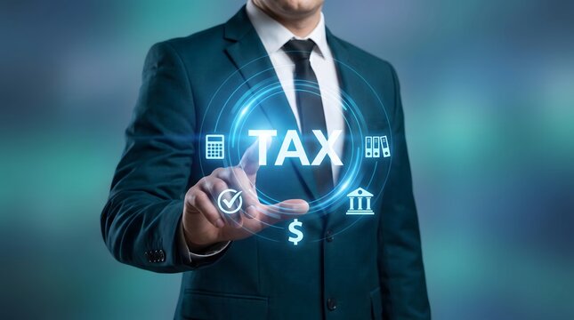 A professional businessman using modern digital technology to manage tax payments and financial accounting services in a virtual interface