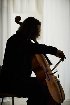 Vertical shot of Caucasian middle aged man playing cello indoors. Visual concept represents classical music education, performing arts marketing, and cultural event promotion