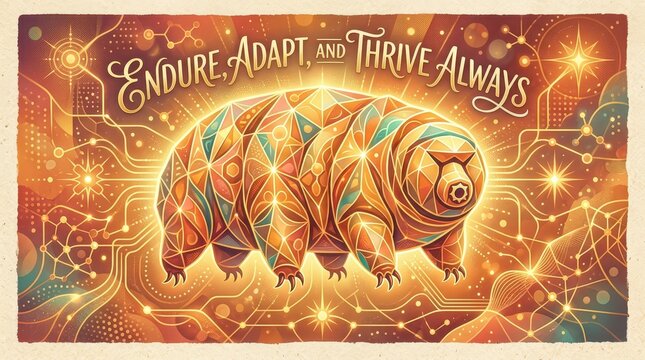 Whimsical Geometric Tardigrade Artwork with Inspirational Text "Endure, Adapt, and Thrive Always" and Abstract Sci-Fi Circuitry Background