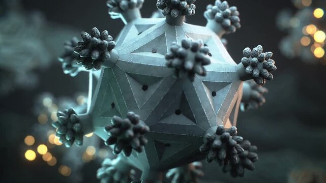 Floating polyhedron rotating, drifting in microscale space as camera approaching, revealing spikes