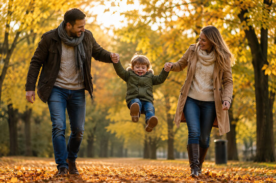 Family walk along a path covered in fallen leaves in an autumn park. Autumn