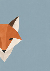 Fototapeta premium A stylized fox head, constructed from orange, cream, and black geometric shapes, against a pale blue background. notebook cover