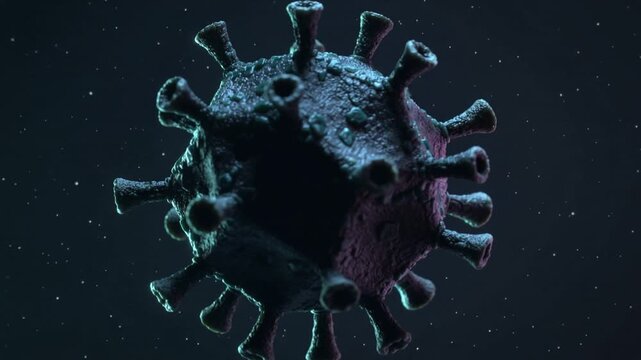 Starting clip, rotating viral model revealing facets, tubular spikes in space, teal purple light
