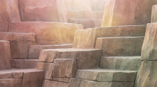 Abstract stone stairs landscape with warm sunlight and soft shadows