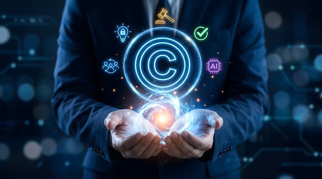 A professional businessman holding a glowing digital copyright symbol representing modern intellectual property protection and advanced legal technology solutions concept