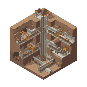Industrial Underground Mining Setup with Multi Level Conveyor Systems and Heavy Machinery in Brown and Orange