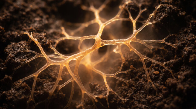 Closeup of a glowing fungal mycelium network spreading through dark forest soil