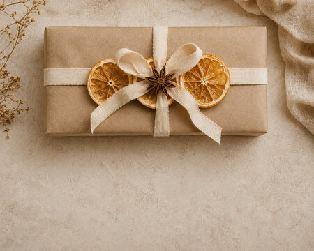 A rectangular brown gift box is centered, tied with a natural-toned ribbon and decorated with dried orange slices and star anise.