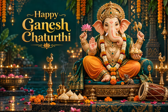Festive lord ganesha with lotus axe modak lamps incense and floral decorations for ganesh chaturthi celebration and grand lord ganesha puja festival