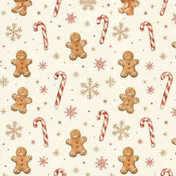 A tightly packed pattern of gingerbread men, candy canes, and snowflakes covers a light beige wood-grain background.