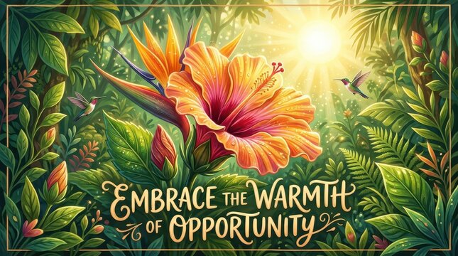 Vibrant tropical paradise with blooming hibiscus, bird of paradise flower, and hummingbirds in lush green foliage under bright sunlight, inspiring opp