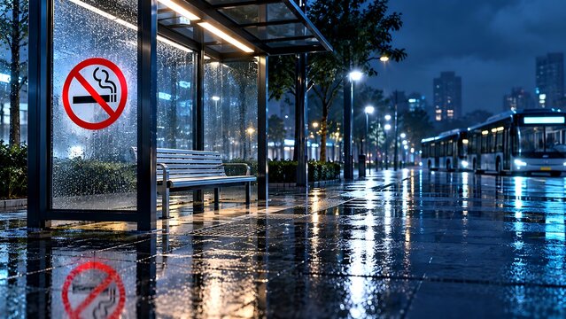 Rainy night at a bus stop with no smoking sign