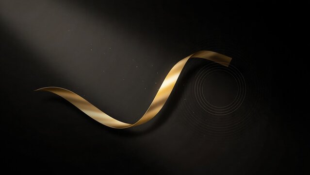 Elegant golden ribbon swirls gracefully through dark space with delicate glowing particles and concentric rings in high resolution cinematic style
