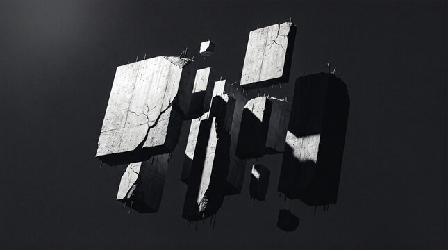 Abstract composition of floating concrete blocks in dark space