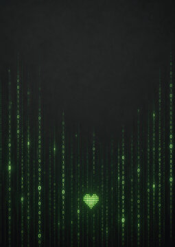 A green pixelated heart is centered within a dark grey background of glowing binary code. Computer science notebook cover
