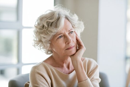 Portrait of thoughtful senior woman sitting at home, looking away with hand on face, reflecting on life, expressing concern, loneliness, contemplation or emotional wellbeing