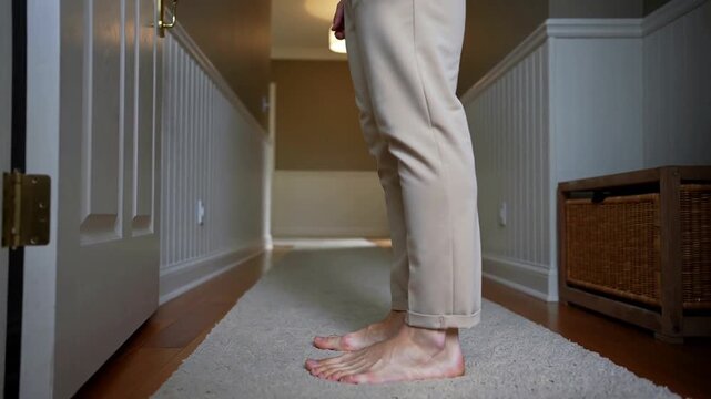 Stepping barefoot adult in khaki pants entering from door onto hall runner pausing on threshold