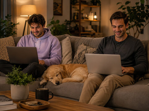 Two men is intently working on a laptop computer while seated on a comfortable sofa in a quiet living room.
