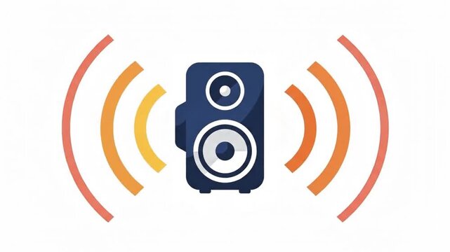 Flat vector of digital audio speaker with motion waves and playback symbols for multimedia video output