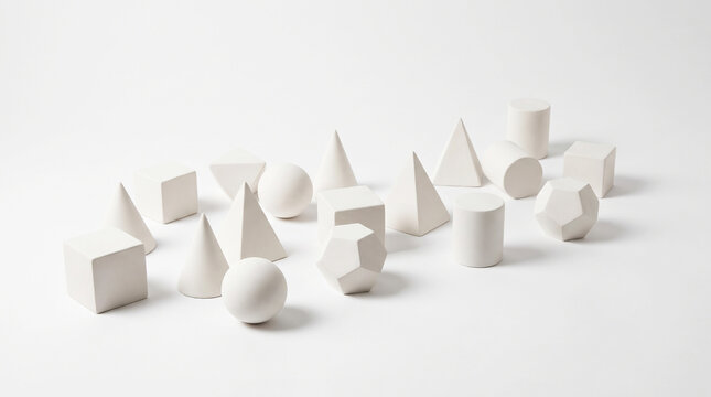 Collection of white geometric shapes isolated on white background