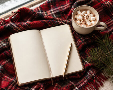 A notebook with a gold pen rests on a red and white plaid blanket, suggesting creative writing or sketching.
