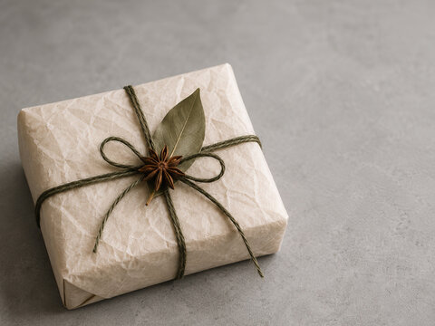 A small, tan paper package rests on a grey concrete surface, tied with a rustic green twine knot The background is a dark grey, contributing to a calm and understated atmosphere.