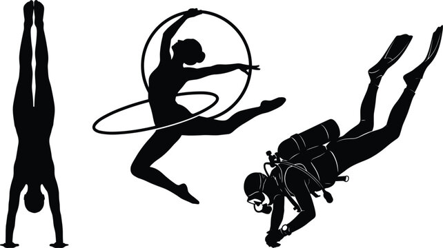 Diverse athletic activities set featuring handstand balance rhythmic gymnastics hula hoop leap and scuba diving underwater exploration