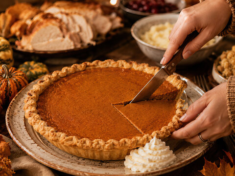 A human hand delicately holds a slice of pumpkin pie with a golden brown crust. Autumn. Thanksgiving.