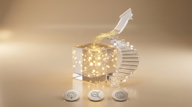 Abstract 3D Financial Growth Concept Featuring Glass Cube Upward Stairs And Glowing Particles Representing Success Investment And Profit