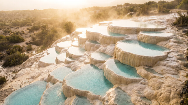 Stunning turquoise thermal pools and travertine terraces in pamukkale, turkey