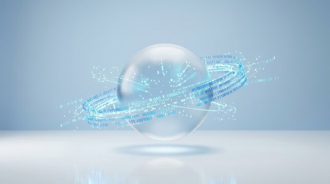 Abstract digital sphere surrounded by glowing futuristic data rings and binary code floating in a clean minimal virtual laboratory environment