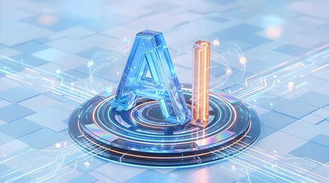 Translucent blue a and orange i letters on a glowing circular circuitry platform
