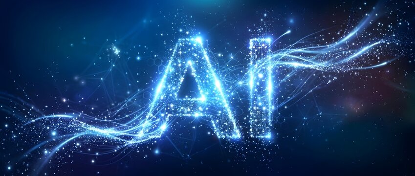 Ai text formed by glowing blue particles and light streaks