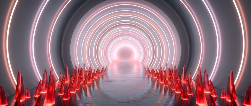 Symmetrical tunnel with glowing circular rings and red crystal spikes
