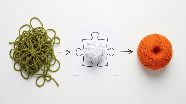 Conceptual process flowchart showing messy green yarn transforming into a crumpled paper puzzle piece and finally into a neat orange ball