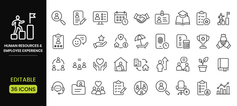 Set of 36 human resources and employee experience line icons, including recruitment, training, performance, benefits, and workplace culture symbols