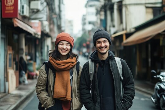 Touris two happy people walking wite streets clothing person.