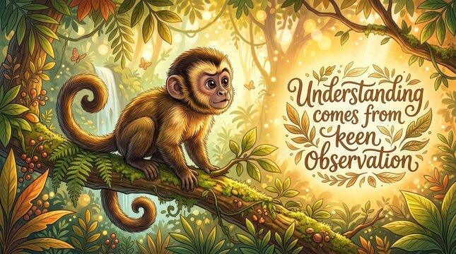 Whimsical illustration of a cute monkey sitting on a tree branch in a lush, sunlit jungle with inspirational quote.
