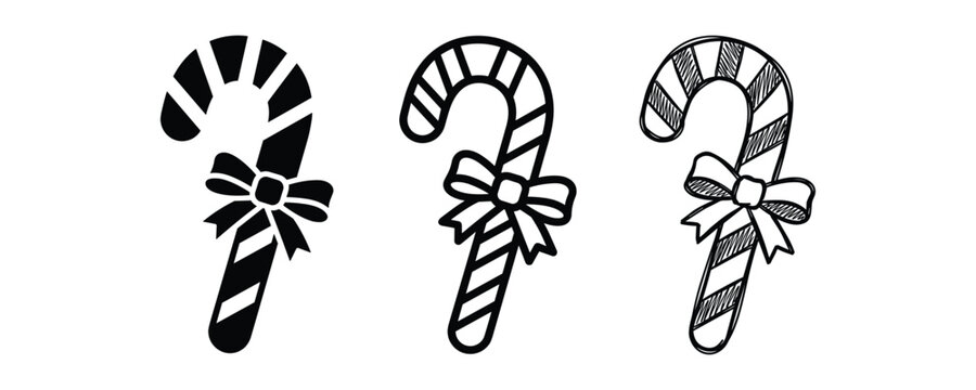 Candy cane with bow icon set in solid outline and sketch styles