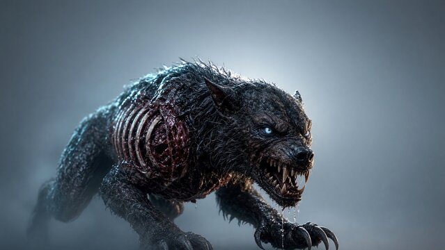 <a1>Werewolf zombie monster creature with sharp teeth in dark background for halloween season event</a1>
